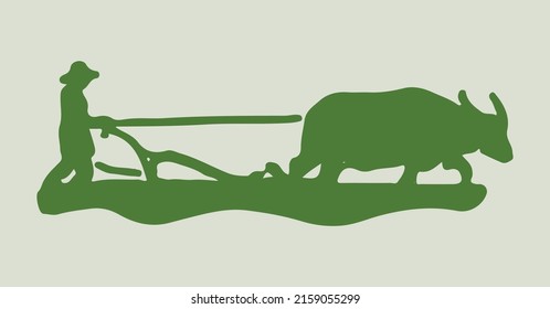 An illustration of a plowman and reaper with bulls on the green background