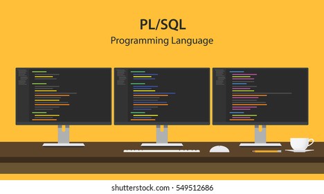 Illustration of PL/SQL programming language code displayed on three monitor in a row at programmer workspace