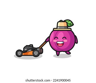 illustration of the plum fruit character using lawn mower , cute style design for t shirt, sticker, logo element