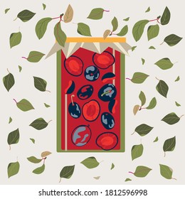 illustration with  plum jam and leaves, vector design for paper, fabric.
