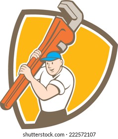 Illustration of a plumber carrying monkey wrench on shoulder set inside shield crest diamond shape on isolated background done in cartoon style.