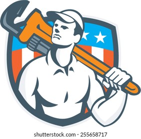 Illustration of a plumber carrying monkey wrench on shoulder looking up to the viewed from front side set inside shield crest with usa flag stars and stripes in the background done in retro style. 