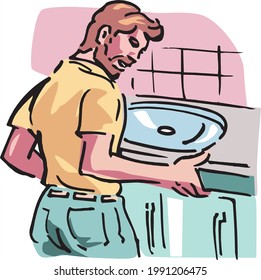 illustration of a plumber fitting wash basin