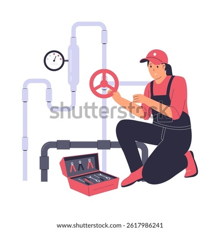 Illustration of a Plumber Fixing Pipes. Illustration for website, landing page, mobile app, poster and banner. Trendy flat vector illustration