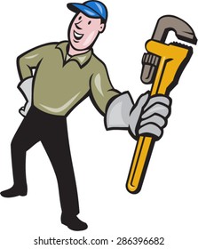 Illustration of a plumber with gloves standing holding presenting monkey wrench set on isolated white background done in cartoon style.