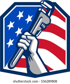 Illustration of a plumber hand clutching adjustable pipe wrench viewed from the side set inside heptagon shield crest shape with usa stars and stripes flag in the background done in retro style. 