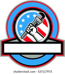 Illustration of a plumber hand holding adjustable pipe wrench viewed from the side set inside circle with usa american stars and stripes flag in the background done in retro style. 