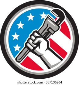 Illustration of a plumber hand holding adjustable pipe wrench in an angled position viewed from the side set inside circle with usa american stars and stripes flag in background done in retro style. 