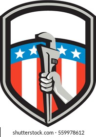 Illustration of a plumber hand holding adjustable pipe wrench viewed from the side set inside shield crest with usa american stars and stripes flag in the background done in retro style. 