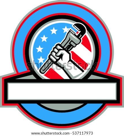 Illustration of a plumber hand holding adjustable pipe wrench viewed from the side set inside circle with usa american stars and stripes flag in the background done in retro style. 