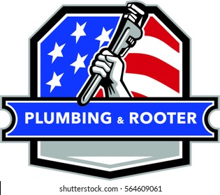 Illustration of a plumber hand holding pipe wrench viewed from the side set inside shield crest with usa stars and stripes flag in the background and the words text Plumbing & Rooter