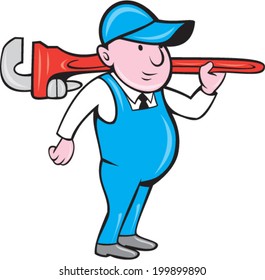 Illustration of a plumber holding big monkey wrench over shoulder viewed from the side on isolated white background done in cartoon style