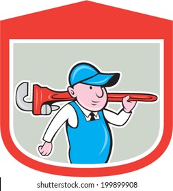 Illustration of a plumber holding big monkey wrench over shoulder set inside shield crest done in cartoon style on isolated background.