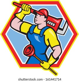 Illustration of a plumber holding carrying monkey wrench on shoulder and holding plunger done in cartoon style on isolated background set inside hexagon