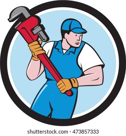 Illustration of a plumber holding giant pipe wrench looking to the side viewed from front set inside circle on isolated background done in cartoon style. 