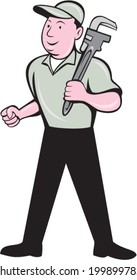 Illustration of a plumber holding monkey wrench on shoulder on isolated white background done in cartoon style.
