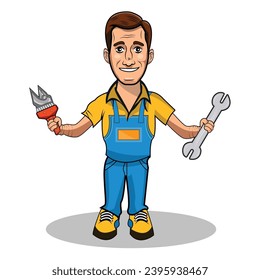 Ilustración de un fontanero sosteniendo una llave inglesa para el mono. Hombre de mano de plomero sonriente con llave.