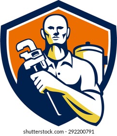 Illustration of a plumber holding monkey wrench viewed from front set inside shield crest on isolated background done in retro style. 