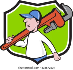 Illustration of a plumber holding monkey wrench on shoulder walking viewed from side set inside shield crest on isolated background done in cartoon style. 