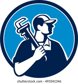 Illustration of a plumber holding pipe wrench on shoulder looking to the side viewed from front set inside circle on isolated background done in cartoon style. 