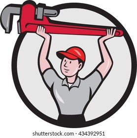 Illustration of a plumber lifting giant monkey wrench over head looking to the side viewed from front set inside circle on isolated background done in cartoon style. 
