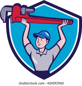 Illustration of a plumber lifting giant monkey wrench over head looking to the side viewed from front set inside shield crest on isolated background done in cartoon style. 
