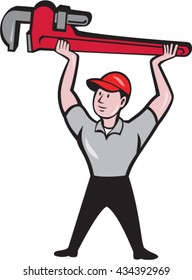 Illustration of a plumber lifting giant monkey wrench over head looking to the side viewed from front set on isolated white background done in cartoon style. 