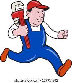 Illustration of a plumber with monkey wrench done in cartoon style on isolated background.