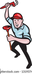 illustration of a plumber with monkey wrench done in cartoon style on isolated background