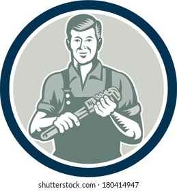 Illustration of a plumber with monkey wrench set inside circle facing front done in retro woodcut style on isolated background.
