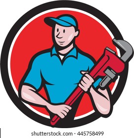 Illustration of a plumber in overalls and hat standing looking to the side holding monkey wrench viewed from front set inside circle on isolated background done in cartoon style.