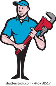 Illustration of a plumber in overalls and hat standing looking to the side holding monkey wrench viewed from front set on isolated white background done in cartoon style.