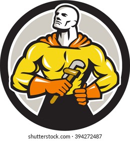 Illustration of a plumber superhero holding monkey wrench looking up to the side viewed from front set inside circle done in retro style. 