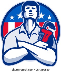 Illustration of a plumber tradesman handyman worker with arms crossed holding a monkey wrench facing front set inside circle  with American stars and stripes flag done in retro style.