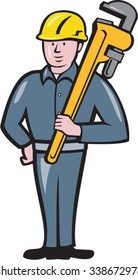 Illustration of a plumber wearing hardhat standing holding carrying monkey adjustable wrench on shoulder viewed from front side set on isolated white background done in cartoon style. 