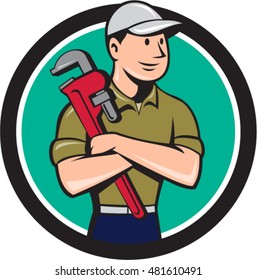 Illustration of a plumber wearing hat looking to the side arms crossed holding monkey wrench viewed from front set inside circle on isolated background done in cartoon style.