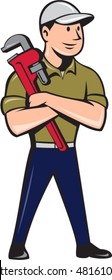 Illustration of a plumber wearing hat looking to the side arms crossed standing holding monkey wrench viewed from front set inside circle on isolated background done in cartoon style.