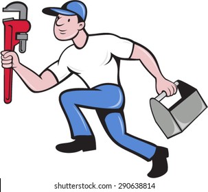 Illustration of a plumber wearing hat running carrying adjustable wrench and toolbox viewed from the side set on isolated white background done in cartoon style. 