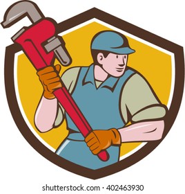 Illustration of a plumber wearing hat running holding giant monkey wrench looking to the side viewed from front set inside shield crest on isolated background done in cartoon style. 