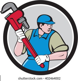 Illustration of a plumber wearing hat running holding giant monkey wrench looking to the side viewed from front set inside circle on isolated background done in cartoon style. 