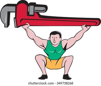 Illustration of a plumber weightlifter in a squat position lifting giant monkey wrench over head viewed from front set on isolated white background done in cartoon style. 