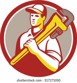 Illustration of a plumber worker wearing hat holding monkey wrench on shoulder looking to the side viewed from front set inside circle on isolated background done in retro style. 