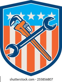 Illustration of a plumber's monkey wrench and mechanic's spanner crossed set inside shield with USA stars and stripes flag in background done in retro woodcut style.