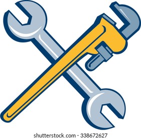 Illustration of a plumber's monkey wrench and mechanic's spanner crossed set inside on isolated white background done in cartoon style. 