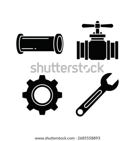 Illustration of plumbing and mechanical tools, including a pipe, valve, gear, and wrench.