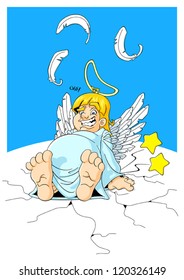 Illustration of a plump angel fell down for too much weight.