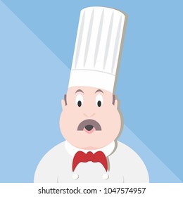 illustration of a plump chef with hat, red corbatin, mustaches and blue background