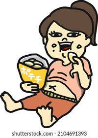 Illustration of a plump female eating snacks.