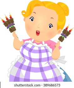 Illustration of a Plump Girl Holding Barbecue Sticks