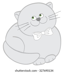 Illustration of plump gray cat with green eyes on a white background. The cat is looking at the upper left corner.